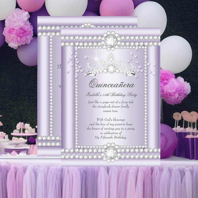 Princess Quinceanera Lilac Hearts Diamond Tiara Invitation (Creator Uploaded)