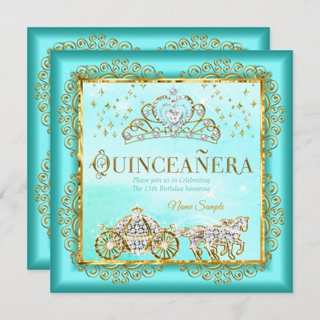 Princess Quinceañera magical Teal Blue Gold Invitation (Front/Back)