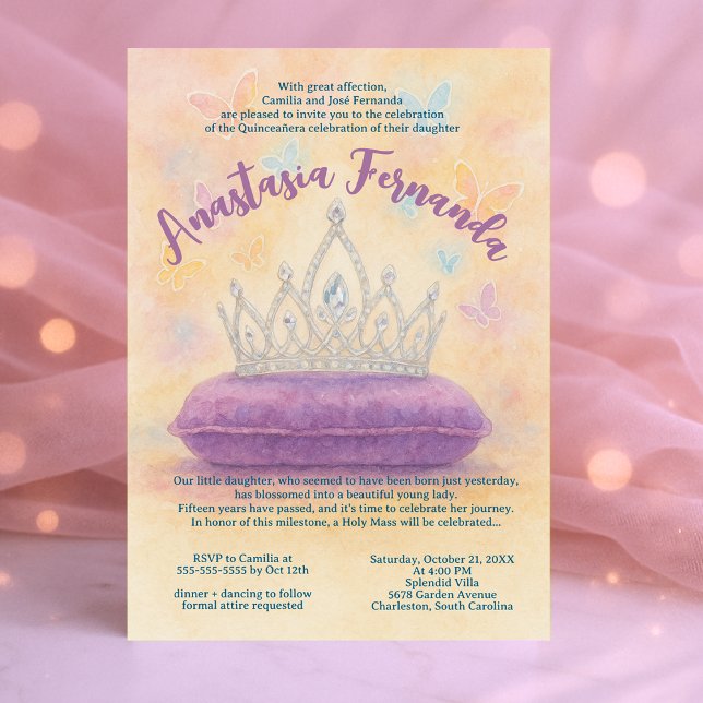 Princess Quinceañera Pastel Watercolor Crown  Invitation (Princess Quinceañera Pastel Watercolor Crown Invitation)