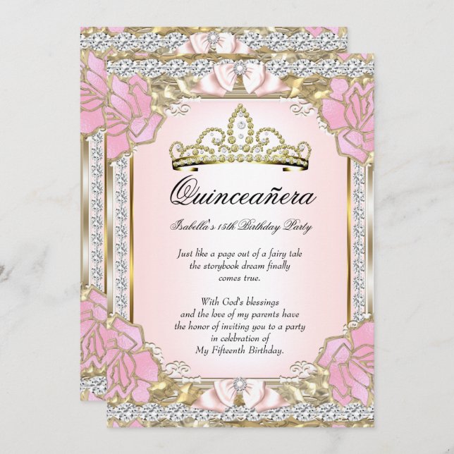Princess Quinceanera Pink Gold 15th Birthday 2 Invitation (Front/Back)
