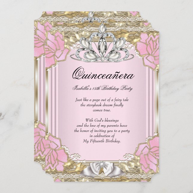 Princess Quinceanera Pink Gold 15th Birthday Party Invitation (Front/Back)
