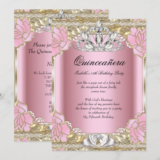 Princess Quinceanera Pink Gold 15th Birthday Party Invitation (Front/Back)