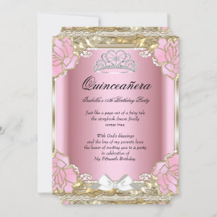 Princess Quinceanera Pink Gold 15th Birthday Tiara Invitation