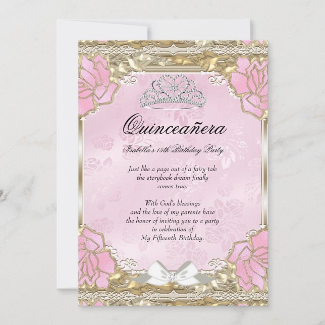 Princess Quinceanera Pink Gold Birthday Tiara Invitation (Front)