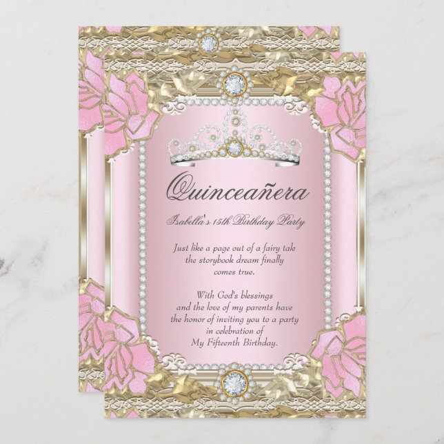 Princess Quinceanera Pink Gold Diamond Tiara Invitation (Front/Back)