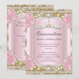 Princess Quinceanera Pink Gold Diamond Tiara Invitation