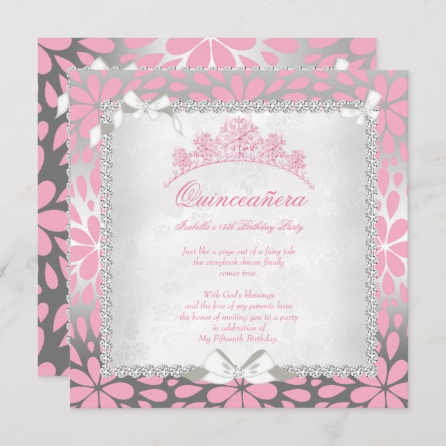 Princess Quinceanera Pretty Floral Pink Birthday Invitation (Front/Back)