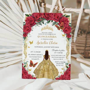 Princess Quinceañera Red Roses Floral Gold Dress Invitation