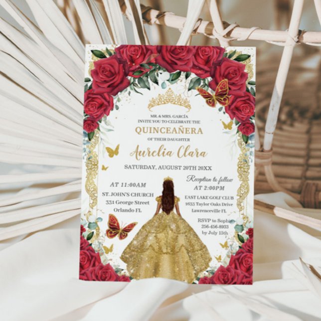 Princess Quinceañera Red Roses Floral Gold Dress Invitation (Creator Uploaded)