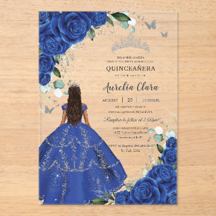 Princess Quinceañera Royal Blue Roses Silver Dress Acrylic Invitations