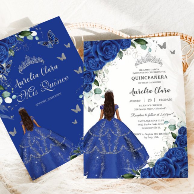 Princess Quinceañera Royal Blue Roses Silver Dress Invitation (Creator Uploaded)