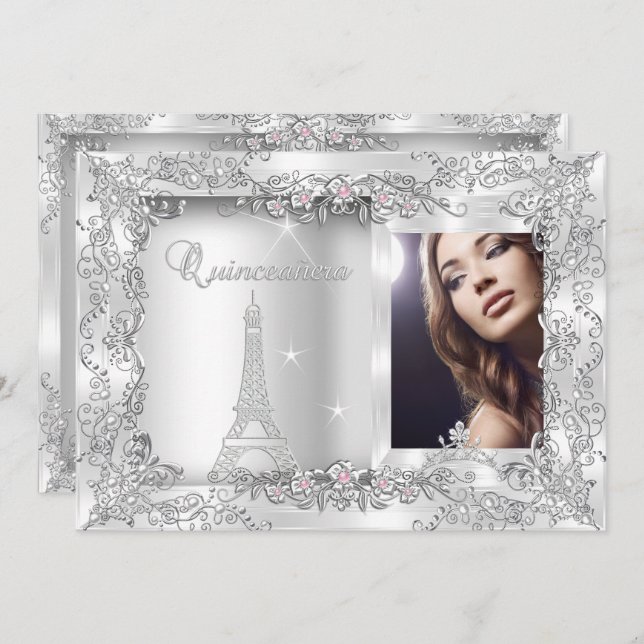 Princess Quinceanera Silver Photo Party Invitation (Front/Back)