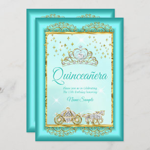 Princess Quinceañera Teal Blue Gold fairytale Invitation