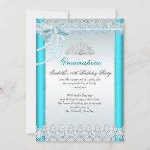 Princess Quinceanera Teal Blue Lace Pearl 2 Invitation