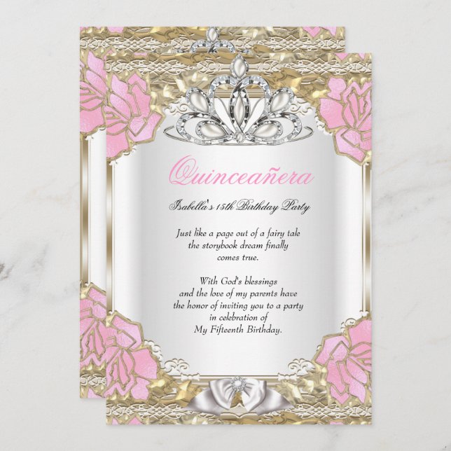 Princess Quinceanera White Pink Gold 15th Birthday Invitation (Front/Back)