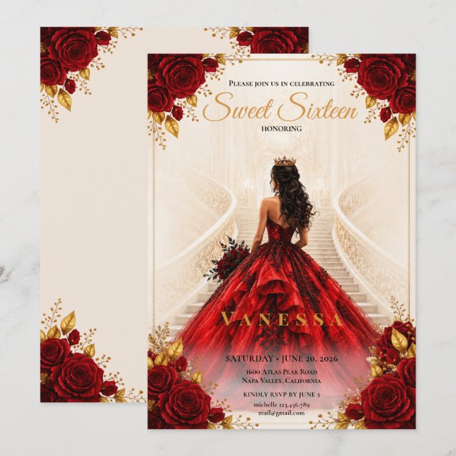 Princess Red gold sweet 16 Invitation (Front/Back)