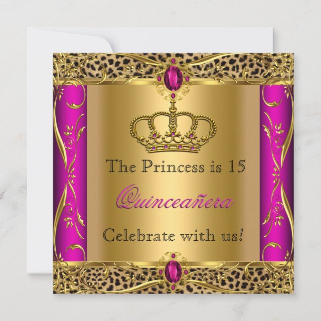 Princess Regal Pink Leopard Quinceañera Party Invitation (Front)