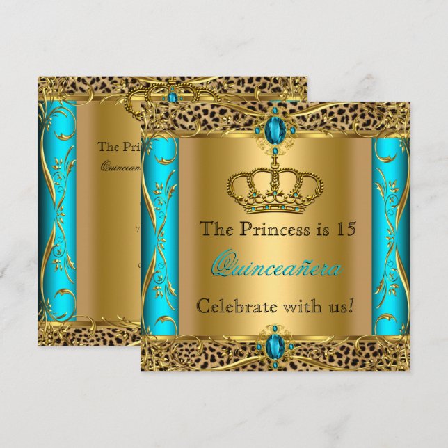 Princess Regal Teal Leopard Quinceañera Party Invitation (Front/Back)