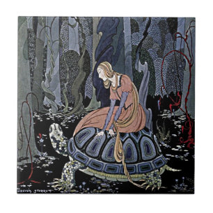 Princess Rides a Turtle Enchanted Magic Witch Art Ceramic Tile