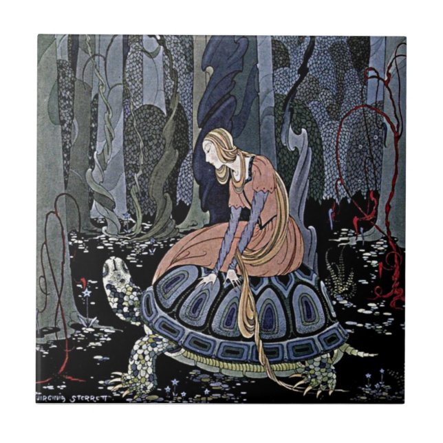 Princess Rides a Turtle Enchanted Magic Witch Art Ceramic Tile (Front)