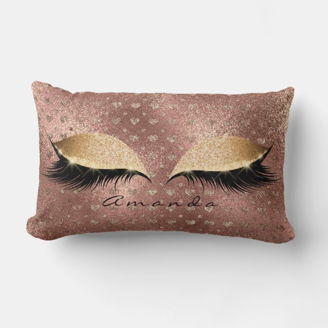 Princess Rose Gold Glitter Lashes Name Hearts Lumbar Cushion (Front)