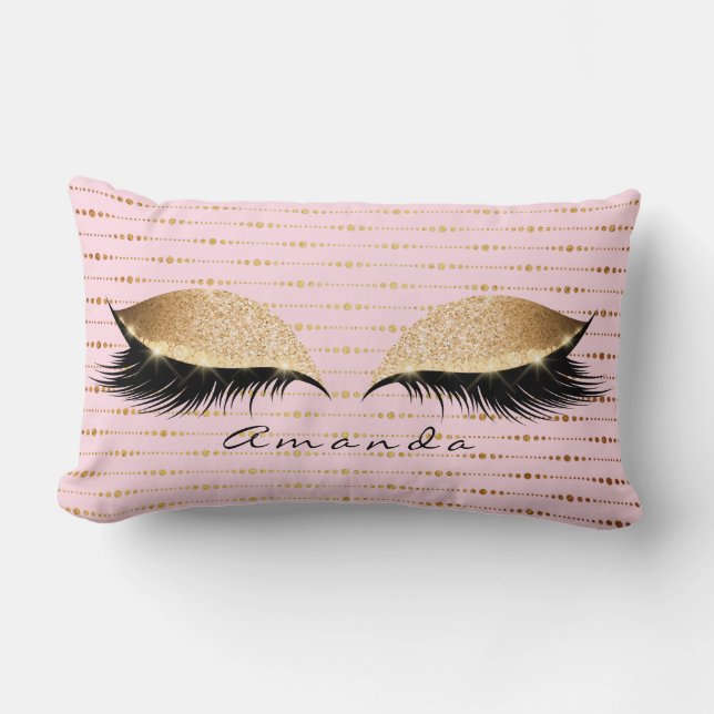 Princess Rose Gold Glitter Lashes Name Stripes Lumbar Cushion (Front)