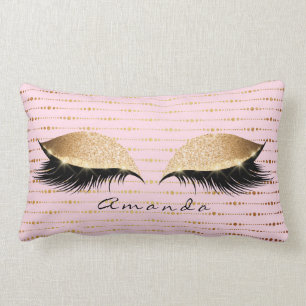 Princess Rose Gold Glitter Lashes Name Stripes Lumbar Cushion