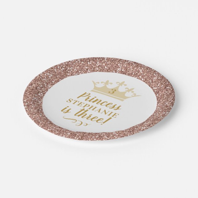 Princess Rose Gold Pink Glitter Crown Birthday Paper Plate (Angled)