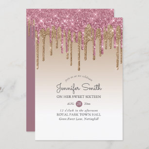 Princess ROSE PINK GOLD Drip Glitter SWEET 16 16th Invitation
