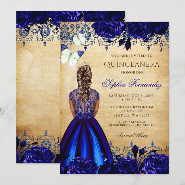 Princess Royal Blue Butterfly Quinceañera  Invitation (Front/Back)