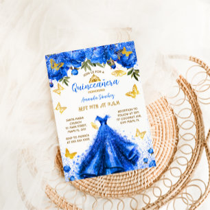 Princess Royal Blue Quinceanera Floral Butterfly Invitation