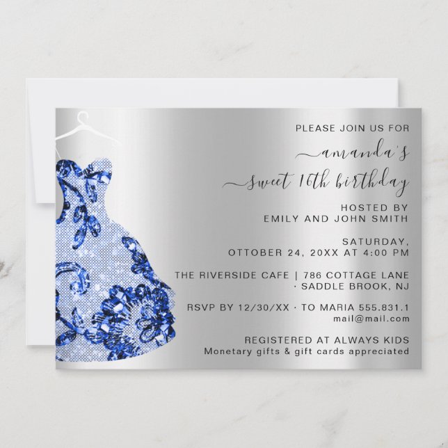 Princess Royal Dress Sweet 16th Blue Navy Princess Invitation (Front)