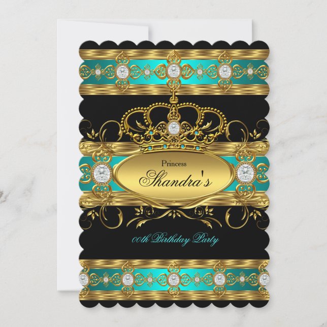 Princess Royal Teal Gold Diamond Queen Crown Party Invitation (Front)