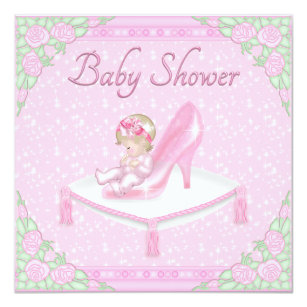Princess Slipper, Baby and Roses Pink Baby Shower Invitation
