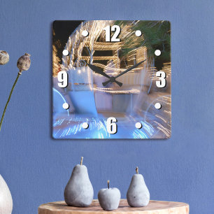 Princess sparkly gold & blue fairytale coach photo square wall clock