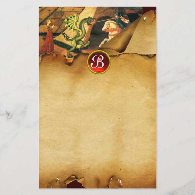 PRINCESS  ST.GEORGE DRAGON,Parchment Ruby Monogram Stationery (Front)