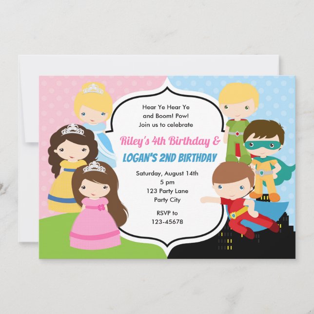 Princess Superhero Birthday Invitation Twins Joint (Front)