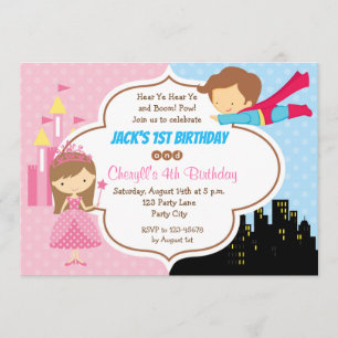 Princess Superhero Twins Birthday Invitations