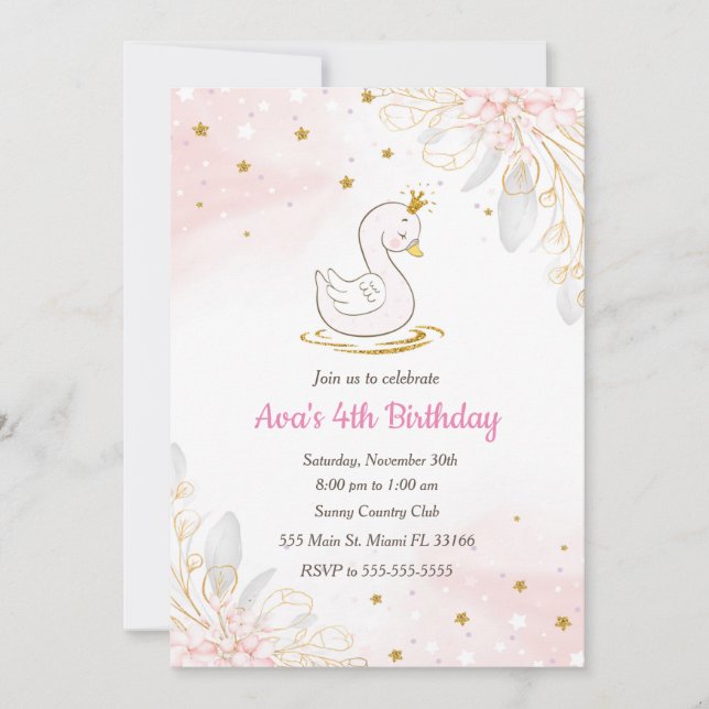 Princess swan birthday invitation pink gold (Front)