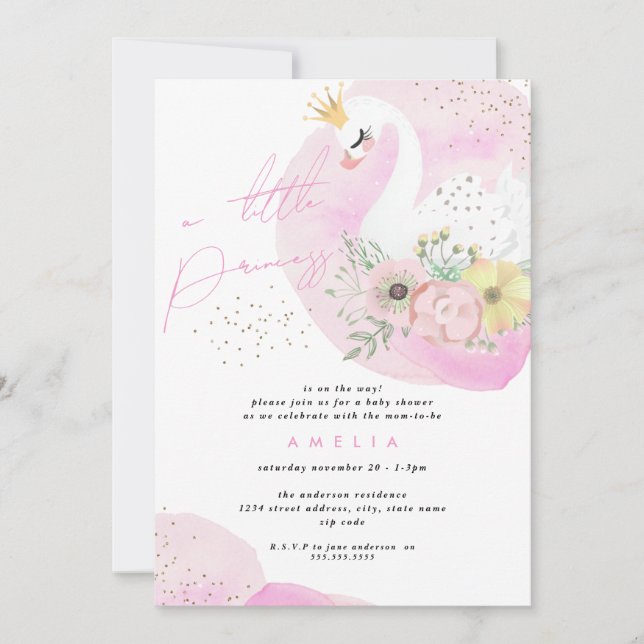 Princess Swan Girl Pink Gold Baby Shower Invitation (Front)