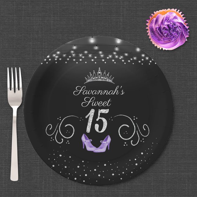 Princess Sweet 15 String Lights Lavender Shoes Paper Plate (Creator Uploaded)