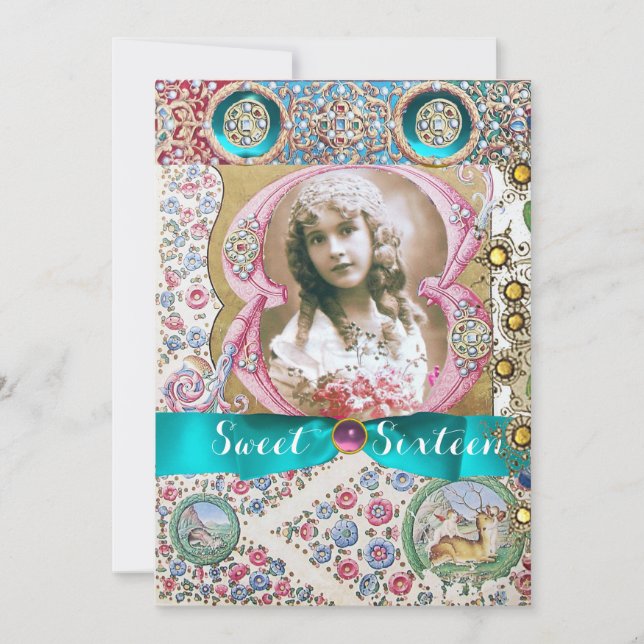 PRINCESS SWEET 16 BIRTHDAY PARTY ,FLORAL GEMSTONES INVITATION (Front)