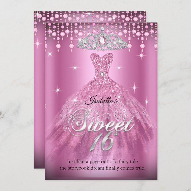 Princess Sweet 16 Birthday Pink Dress Tiara  Invitation (Front/Back)