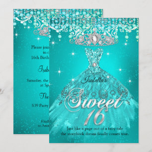 Princess Sweet 16 Birthday Teal Aqua Dress Tiara Invitation