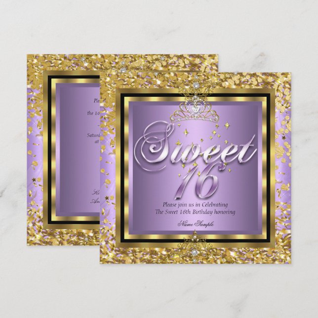 Princess Sweet 16 Gold Lilac Purple Party Invitation (Front/Back)