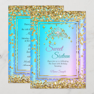 Princess Sweet 16 Gold Teal Purple Party Invitation
