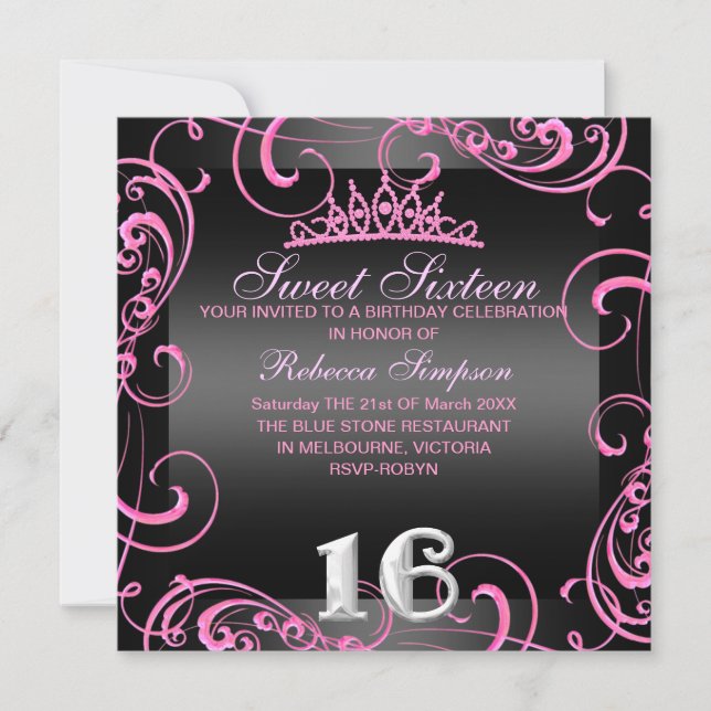 Princess Sweet 16 Hot Pink Birthday Invite (Front)