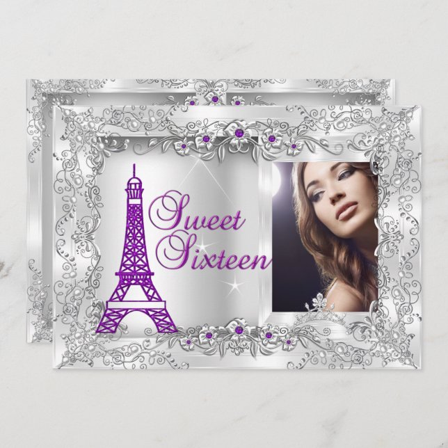 Princess Sweet 16 purple Silver Photo Party Invitation (Front/Back)