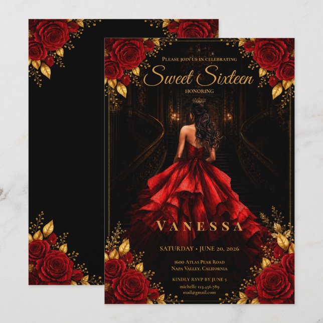 Princess Sweet 16 Red Gold Invitation (Front/Back)