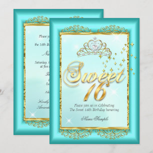 Princess Sweet 16 Teal Blue Gold Birthday Party Invitation
